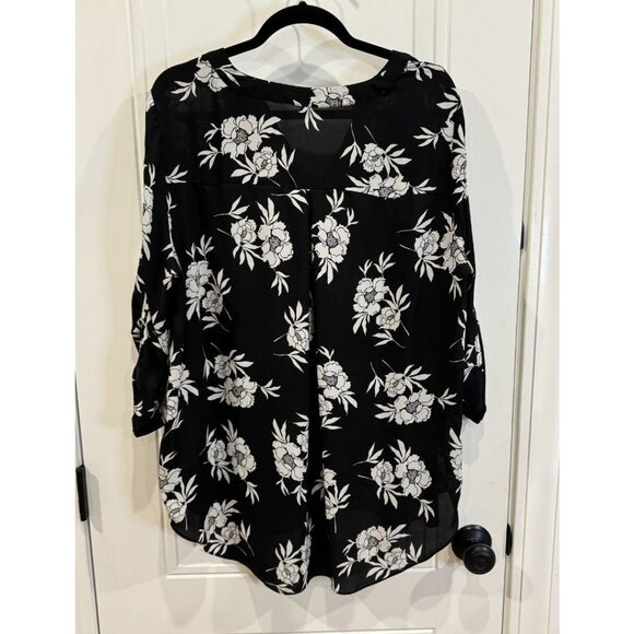 Chaus NY 2xl Black & White Floral Blouse Sheer Roll Tab Sleeves Boho EUC - Picture 2 of 5
